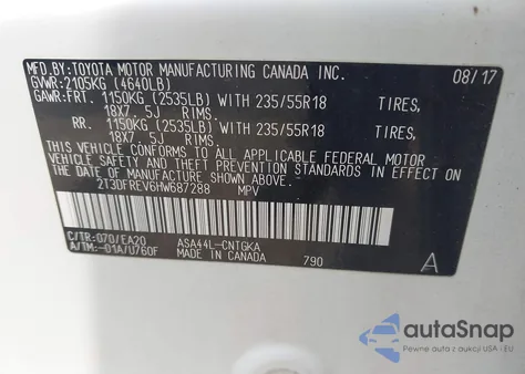 2017 Toyota Rav4 Limited z USA, uszkodzony, nr VIN 2T3DFREV6HW687288